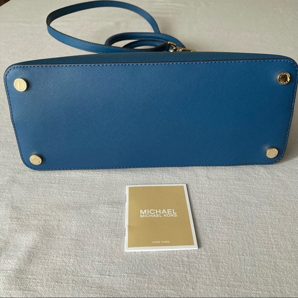 MICHAEL KORS Cindy Large Dome Crossgrain Blue Chambray Leather Satchel Purse Bag - Picture 7 of 14